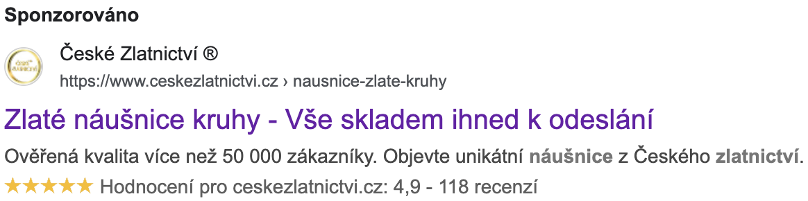 Ukázka vyhledávací reklamy na produkty